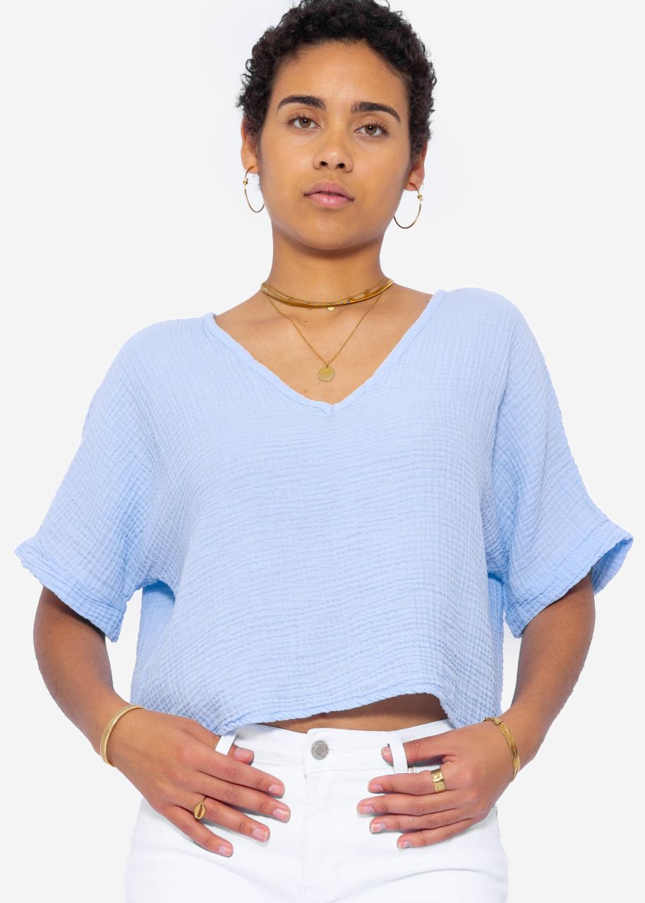 Musselin Shirt mit V-Ausschnitt - hellblau