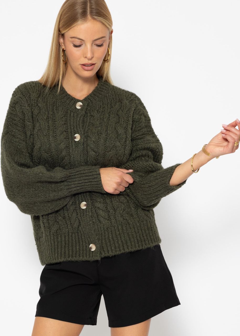 Super flauschige Strickjacke mit Zopfmuster - khaki