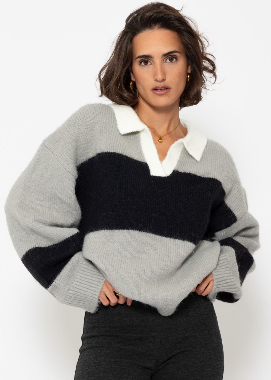 Oversize Pullover mit Kragen - grau-schwarz