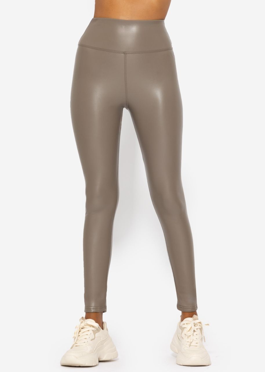 High-Rise Thermo Lederleggings mit breitem Bund - taupe