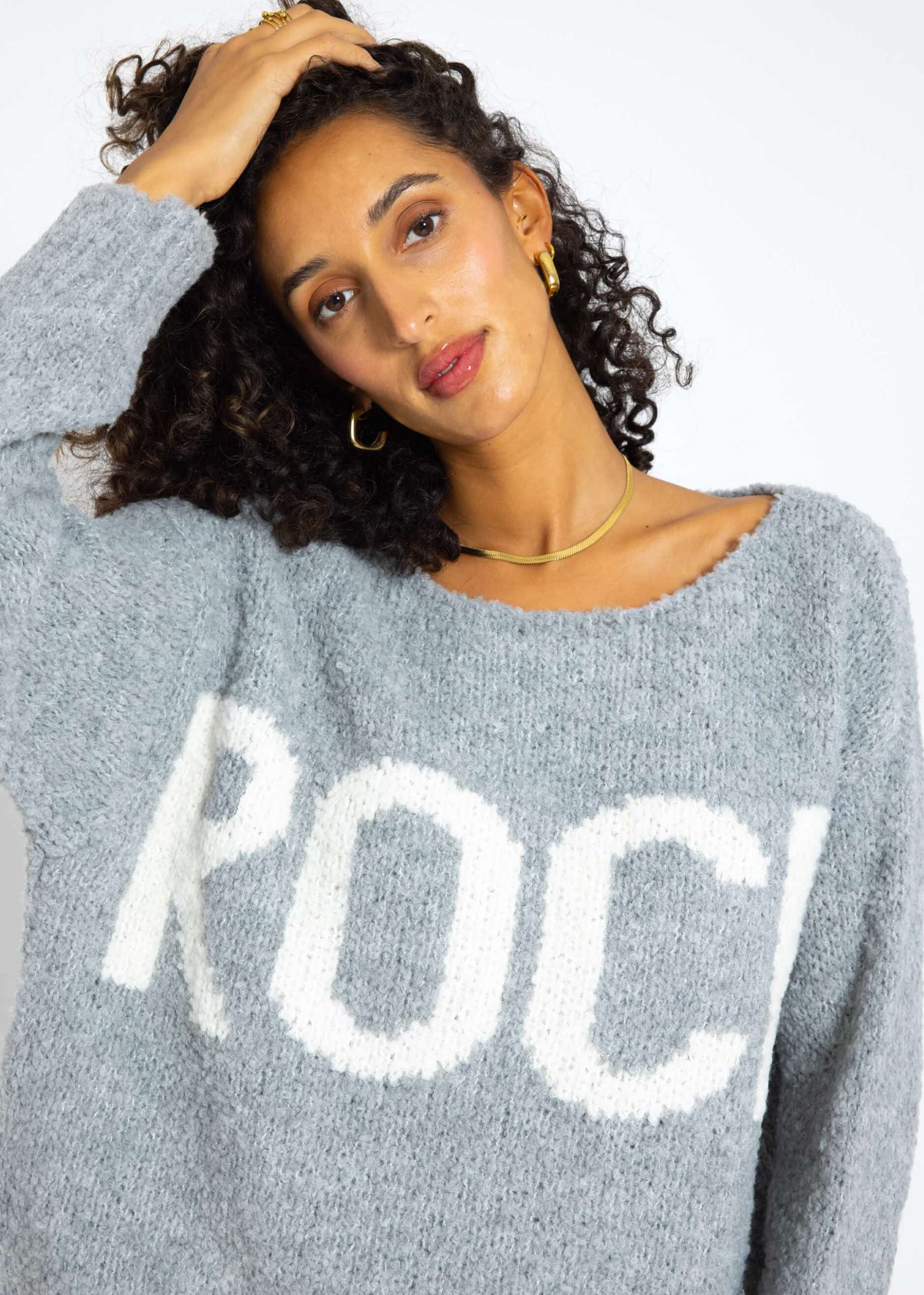 Oversize Pullover mit "Rock"-Schriftzug - grau-weiß