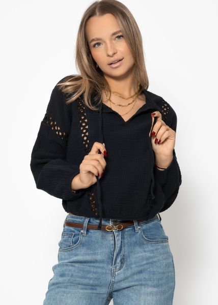 Bluse aus Musselin mit Spitzeneinsatz - schwarz