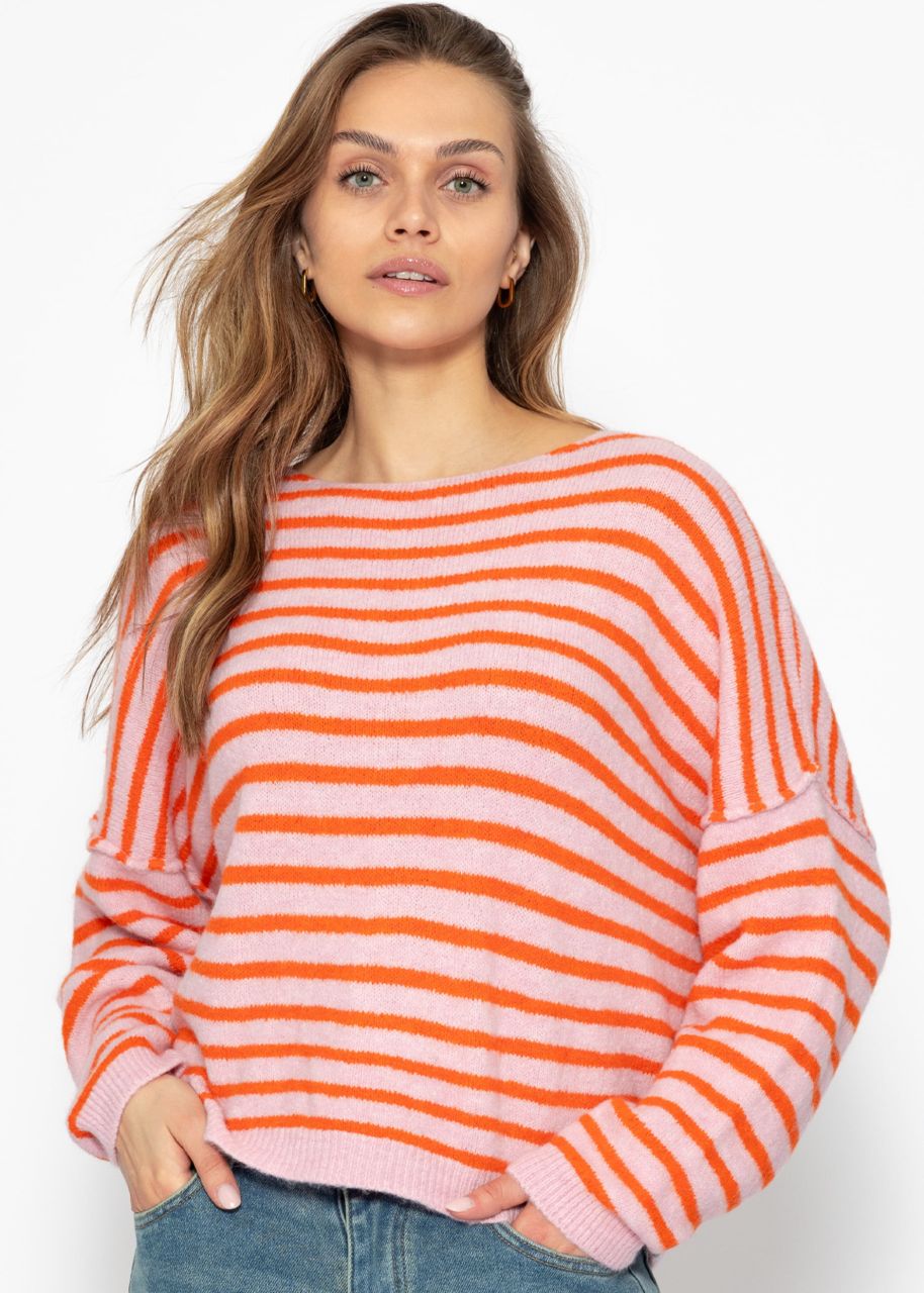 Gestreifter Oversize Pullover mit Rückennaht - rosa-orange