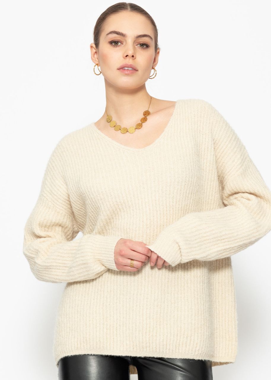 Gerippter Pullover mit V-Ausschnitt - beige