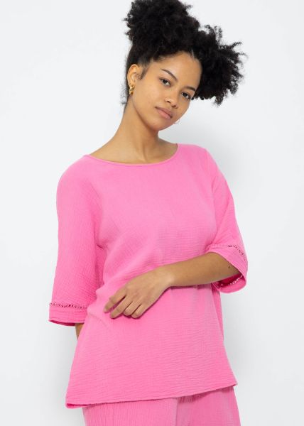 Musselin Pyjamashirt mit Spitzenborte - pink