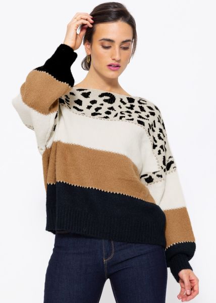 Oversize Pullover mit Leo-Print, schwarz/camel/offwhite
