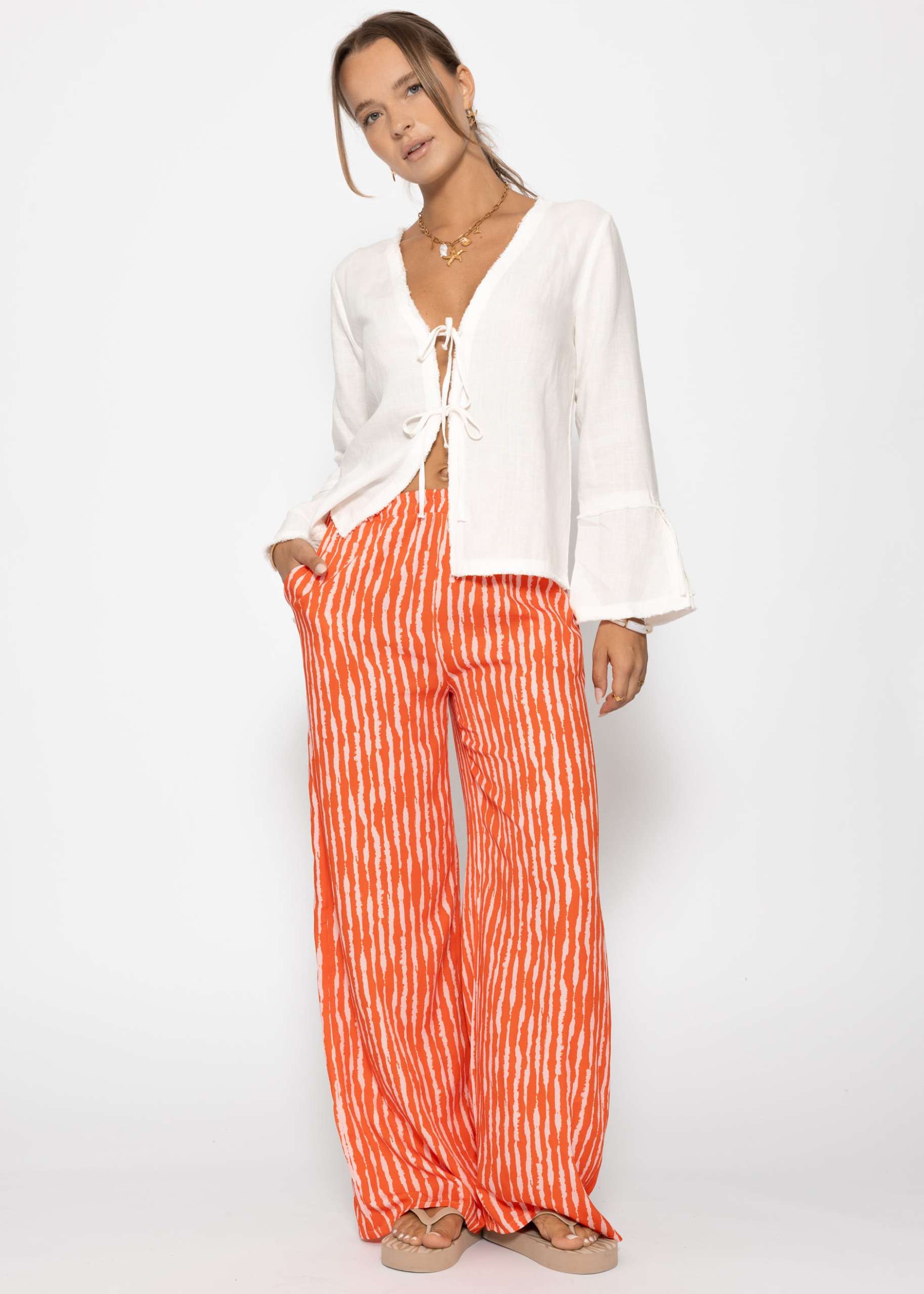 Gestreifte Viskose Hose - orange