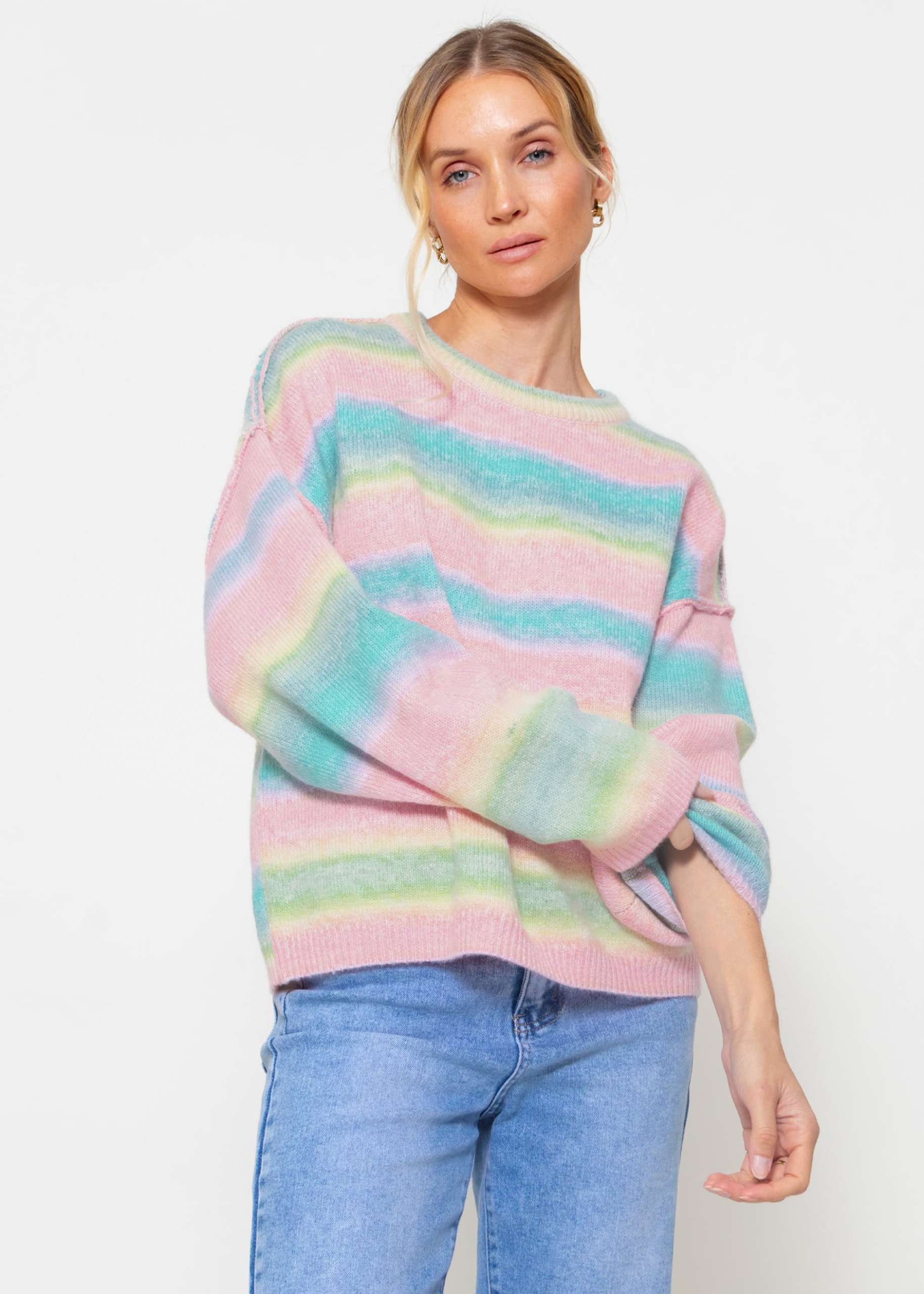 Oversize Pullover mit Pastell Streifen - rosa-blau-gelb