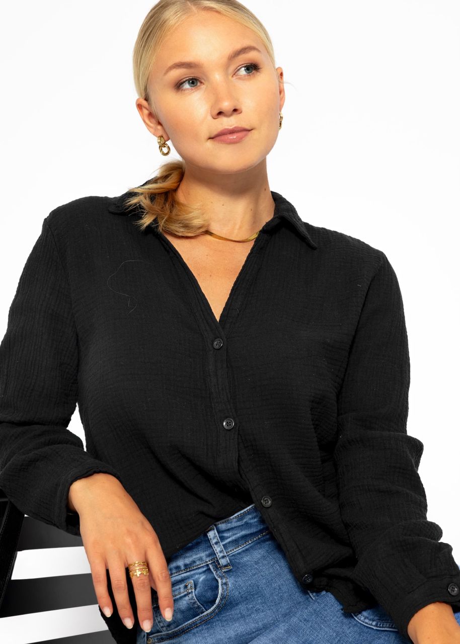 Musselin Bluse mit V-Ausschnitt - schwarz