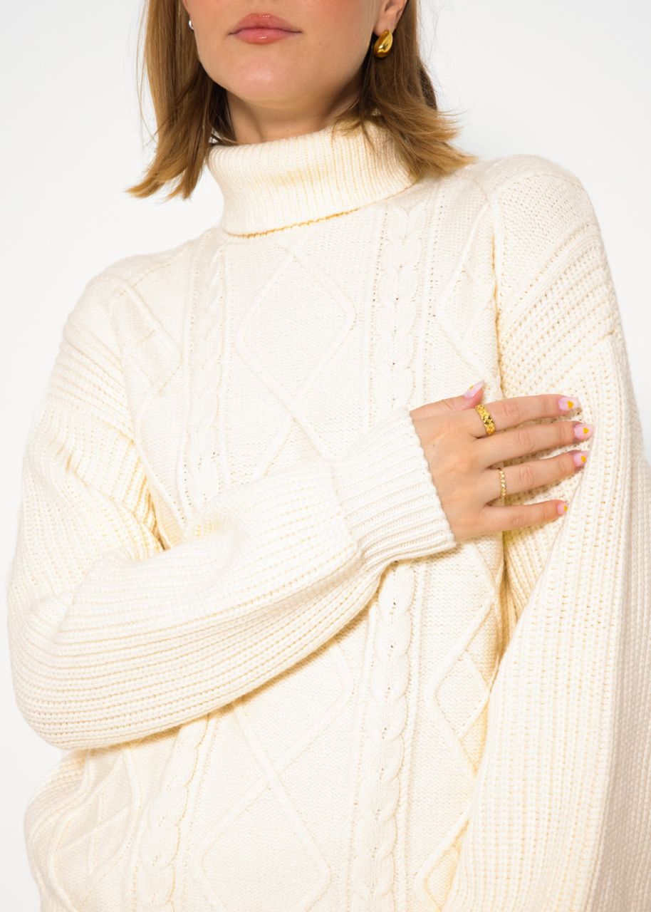 Rollkragenpullover mit Zopfmuster - offwhite