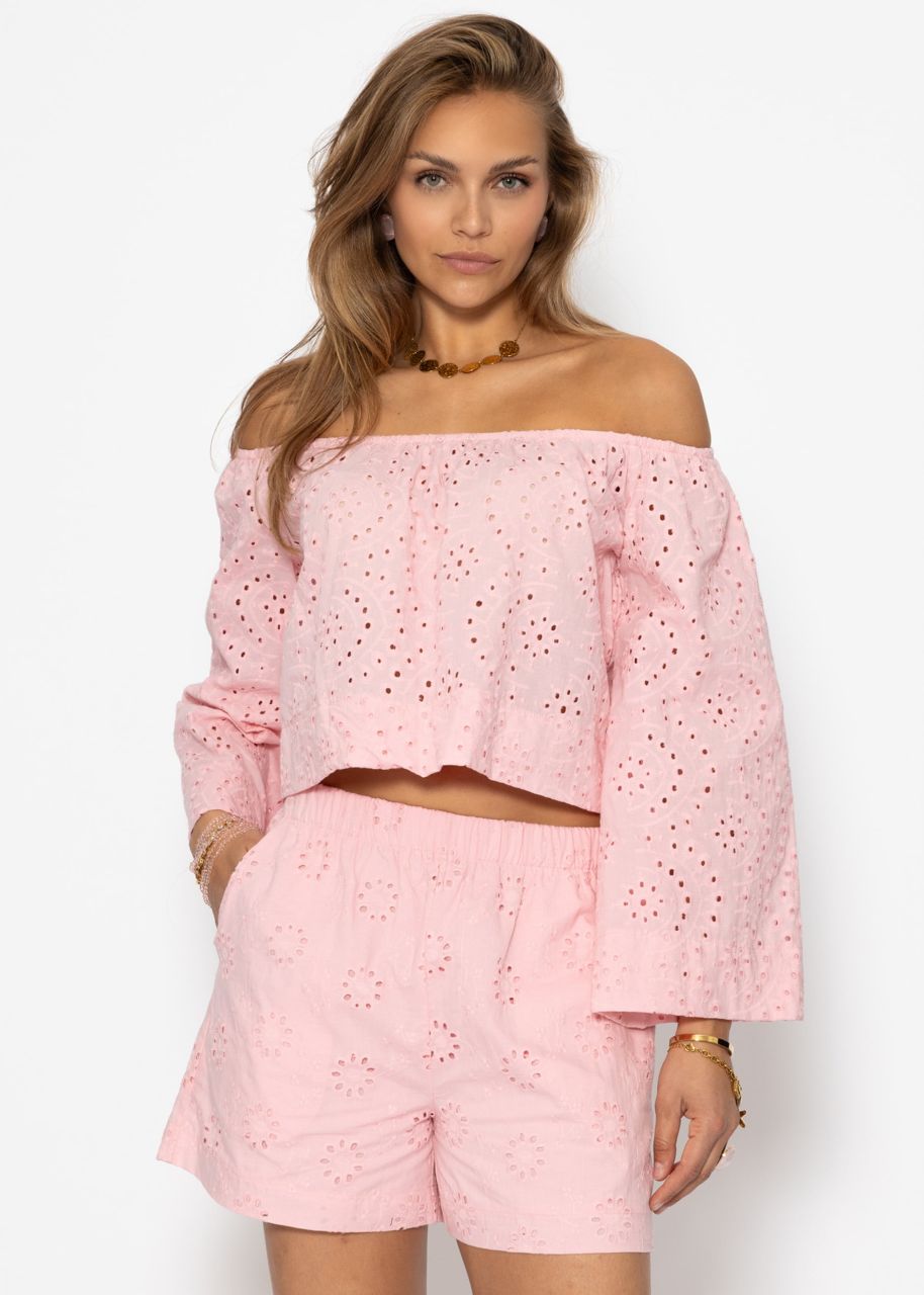 Schulterfreies Langarm Top mit Lochstickerei - rosa