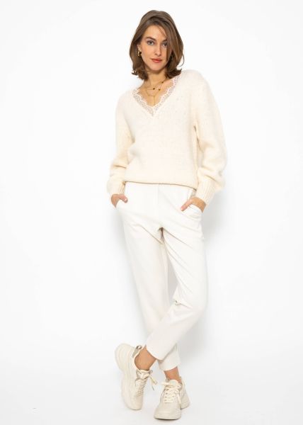 Pullover mit Spitzen-Ausschnitt - offwhite