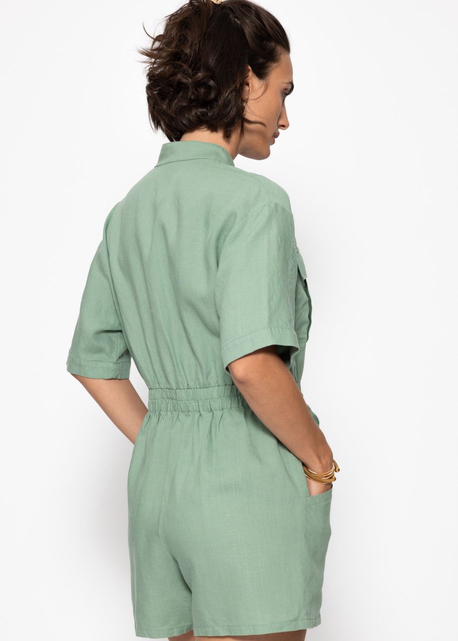 Leinenjumpsuit mit Bindegürtel - salbeigrün