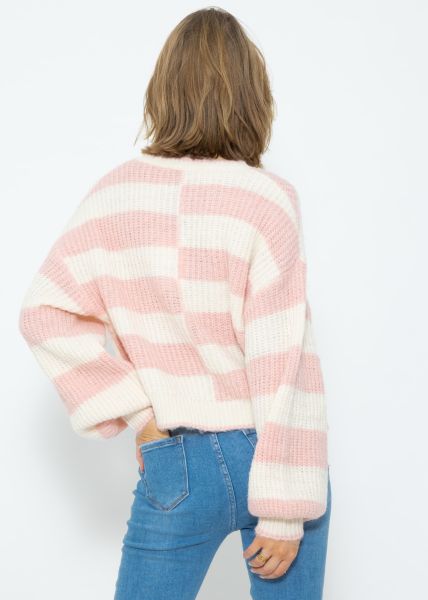 Flauschiger Pullover mit versetzten Blockstreifen - rosa-offwhite