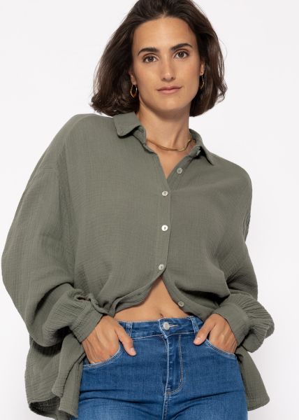 Musselin Bluse oversize, kurz, khaki