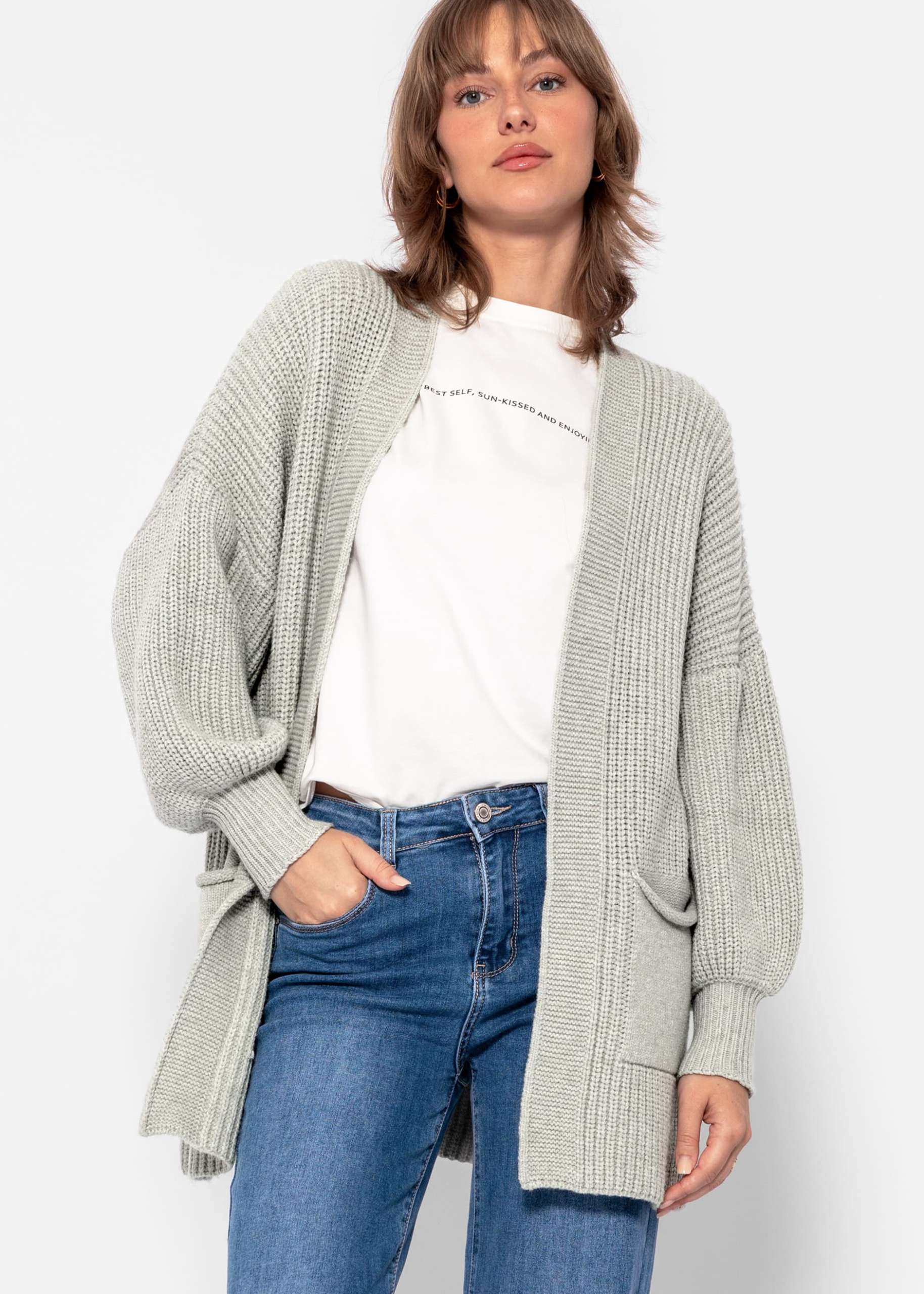 Soft Strick Cardigan mit Taschen - hellgrau