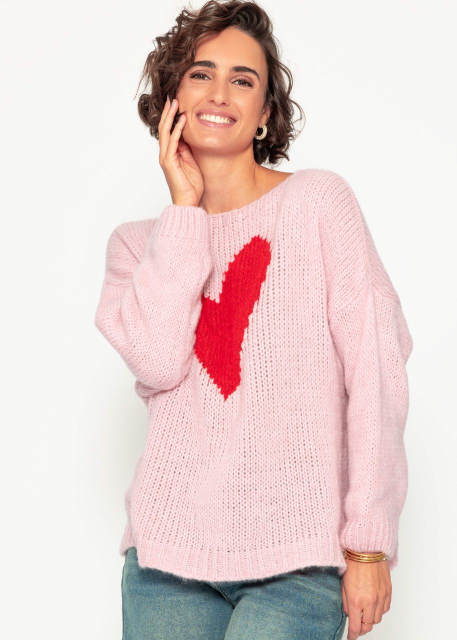 Oversize Pullover mit rotem Herz - rosa