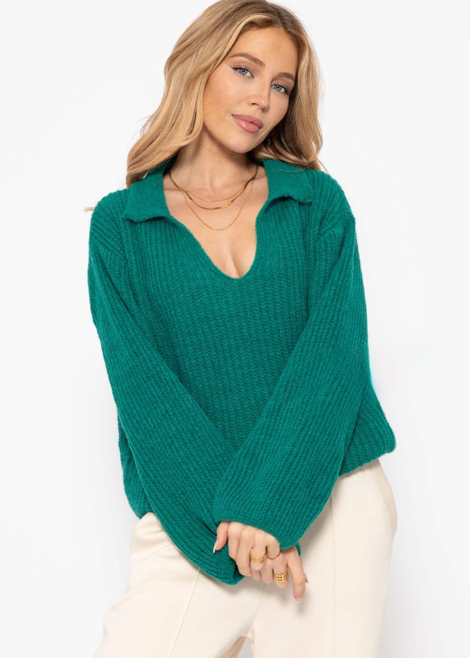 Oversize Pullover mit V-Ausschnitt und Kragen - grün