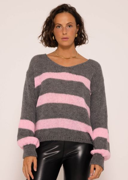 Pullover mit rosa Streifen - grau