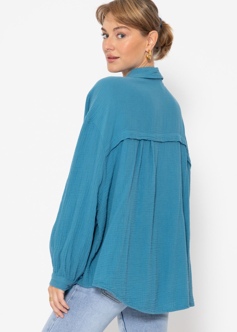 Musselin Bluse oversize, kurz, petrolblau