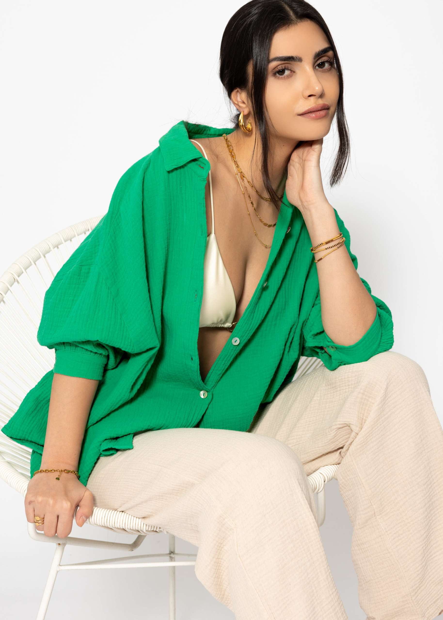 Musselin Bluse oversize, kurz, grün