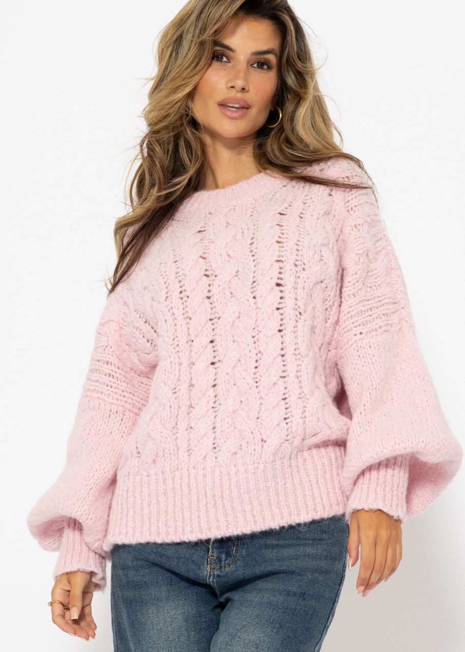 Super flauschiger Pullover mit Zopfmuster - rosa