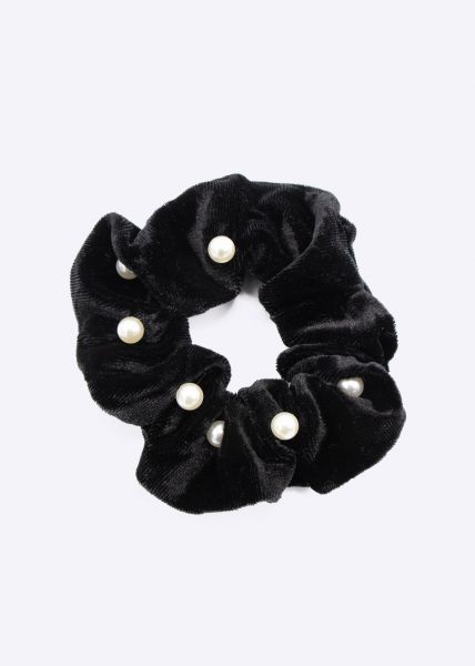 Scrunchie aus Velvet und mit Perlen, schwarz