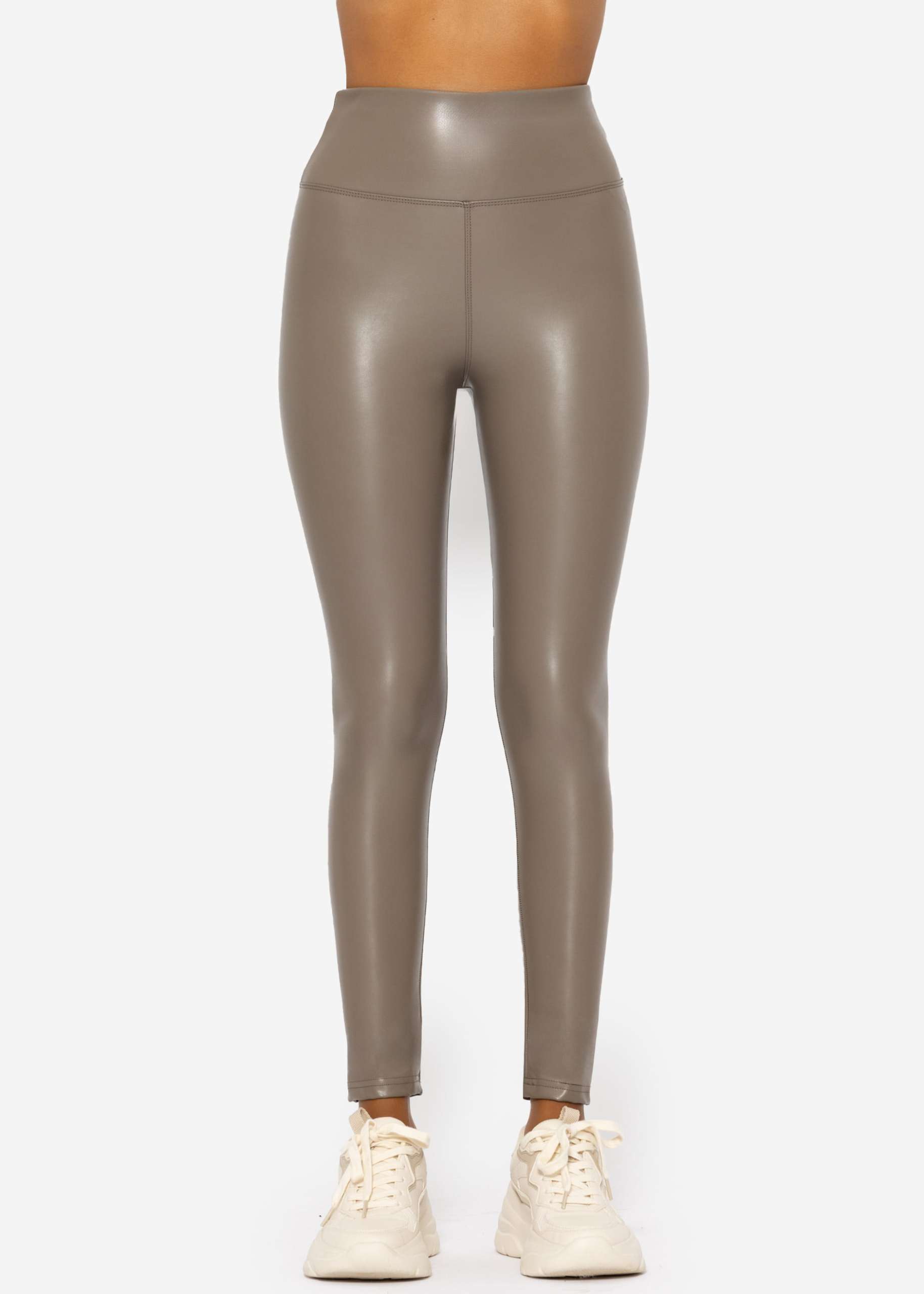 High-Rise Thermo Lederleggings mit breitem Bund - taupe