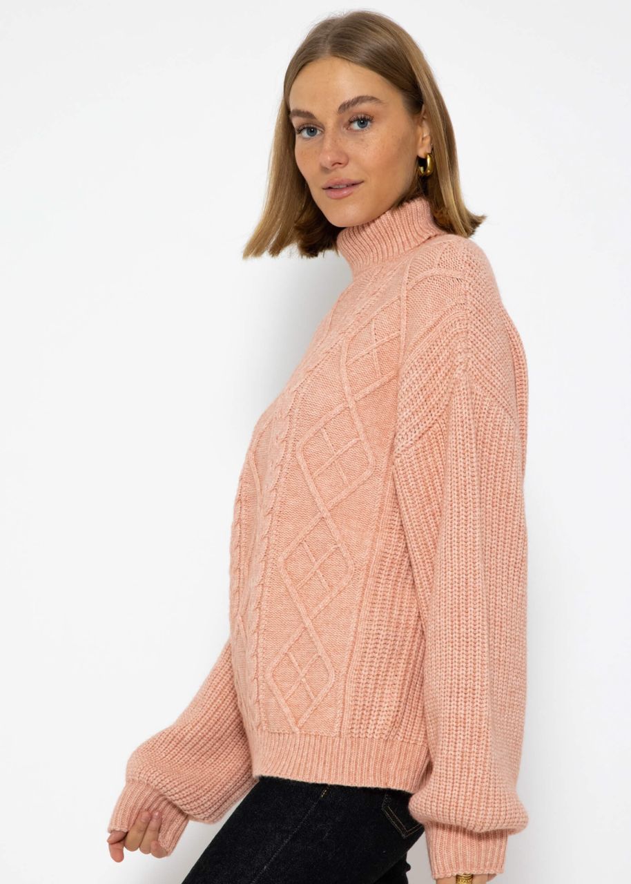 Rollkragenpullover mit Zopfmuster - rosa