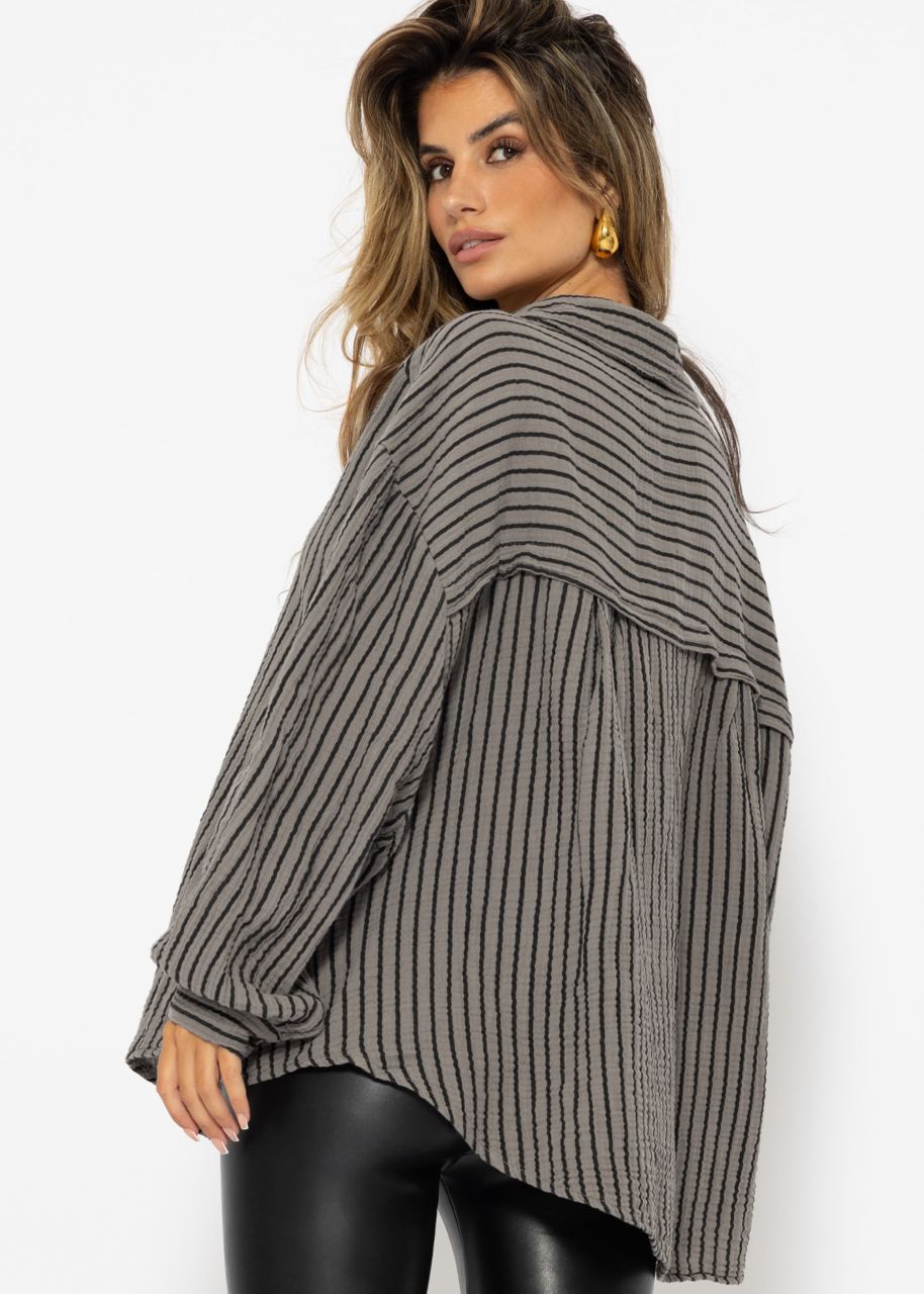 Oversize Musselin Bluse mit schwarzen Streifen - taupe