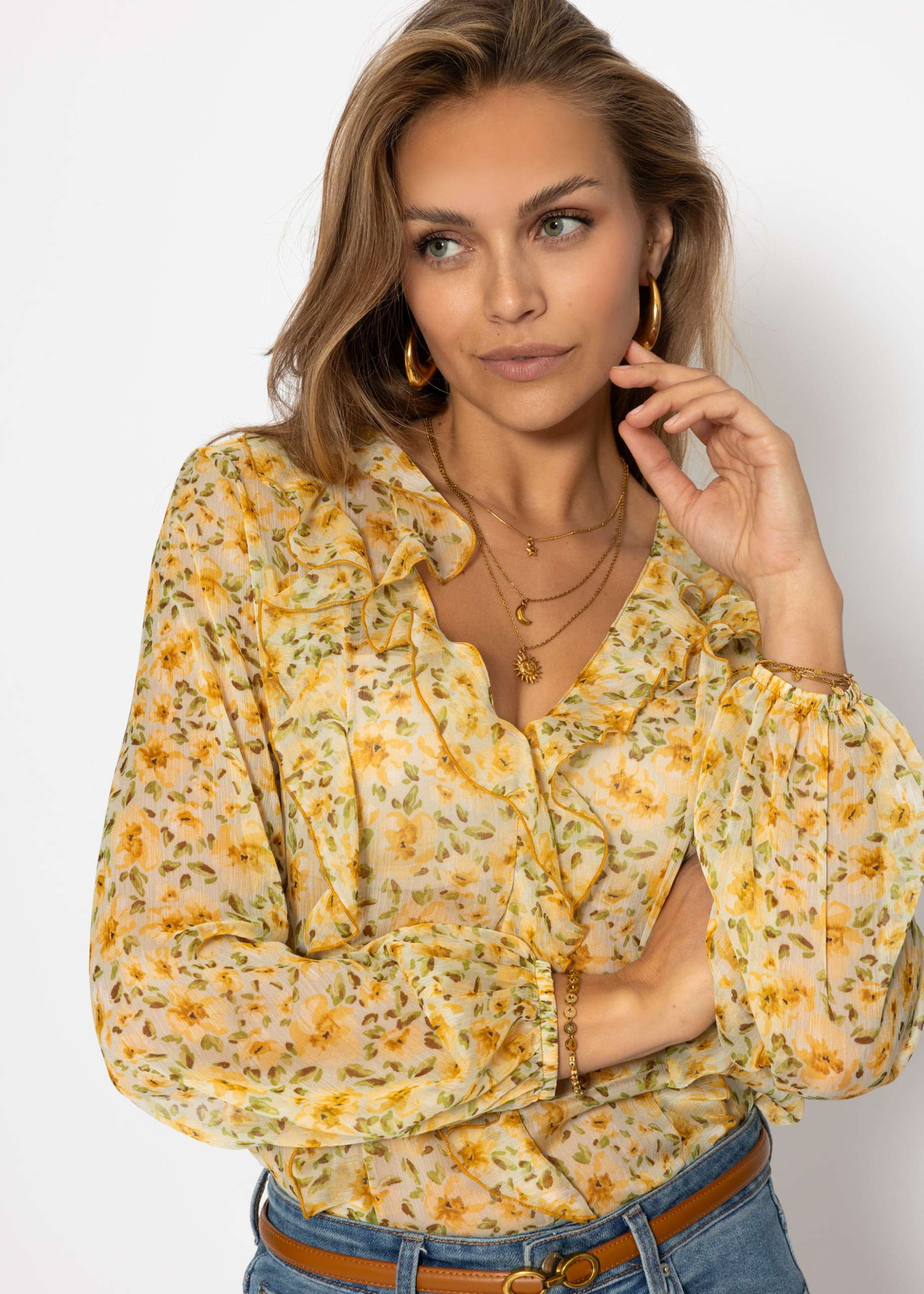 Chiffon Bluse mit Rüschen - gelb