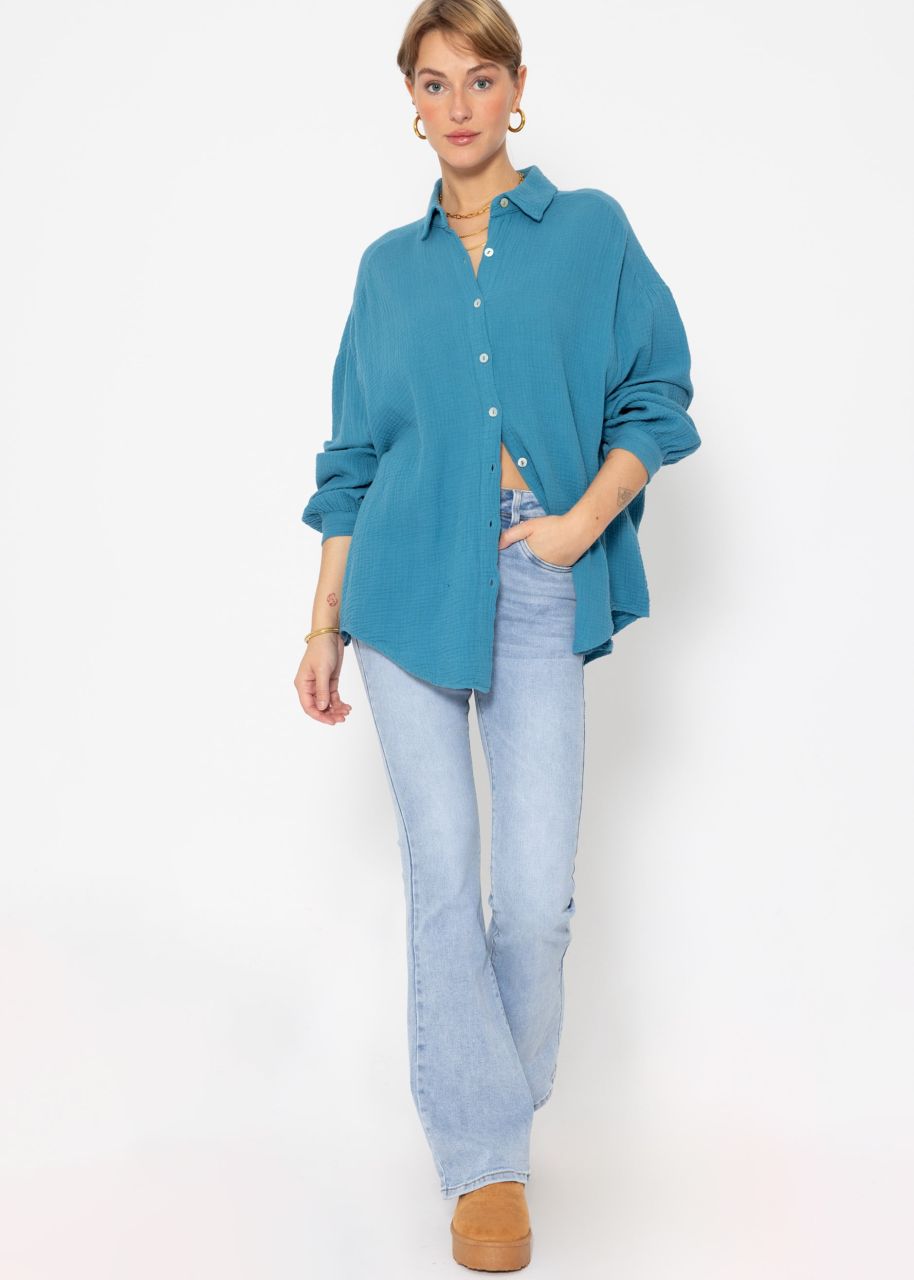 Musselin Bluse oversize, kurz, petrolblau