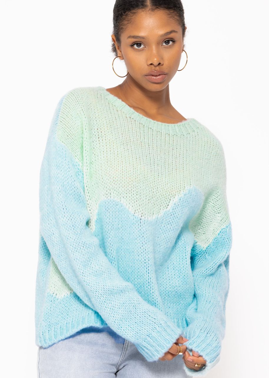 Zweifarbiger Strickpullover - hellblau-pastellgrün