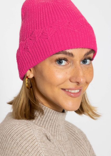 Mütze mit Ajour Strick Blende - pink