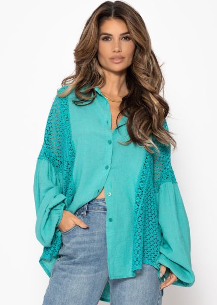 Leinen Bluse mit Spitze - türkis