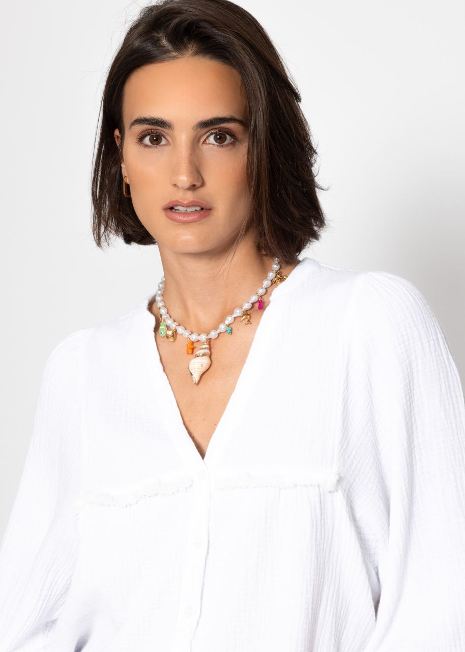 Musselin Bluse mit V-Ausschnitt und Fransen - weiß