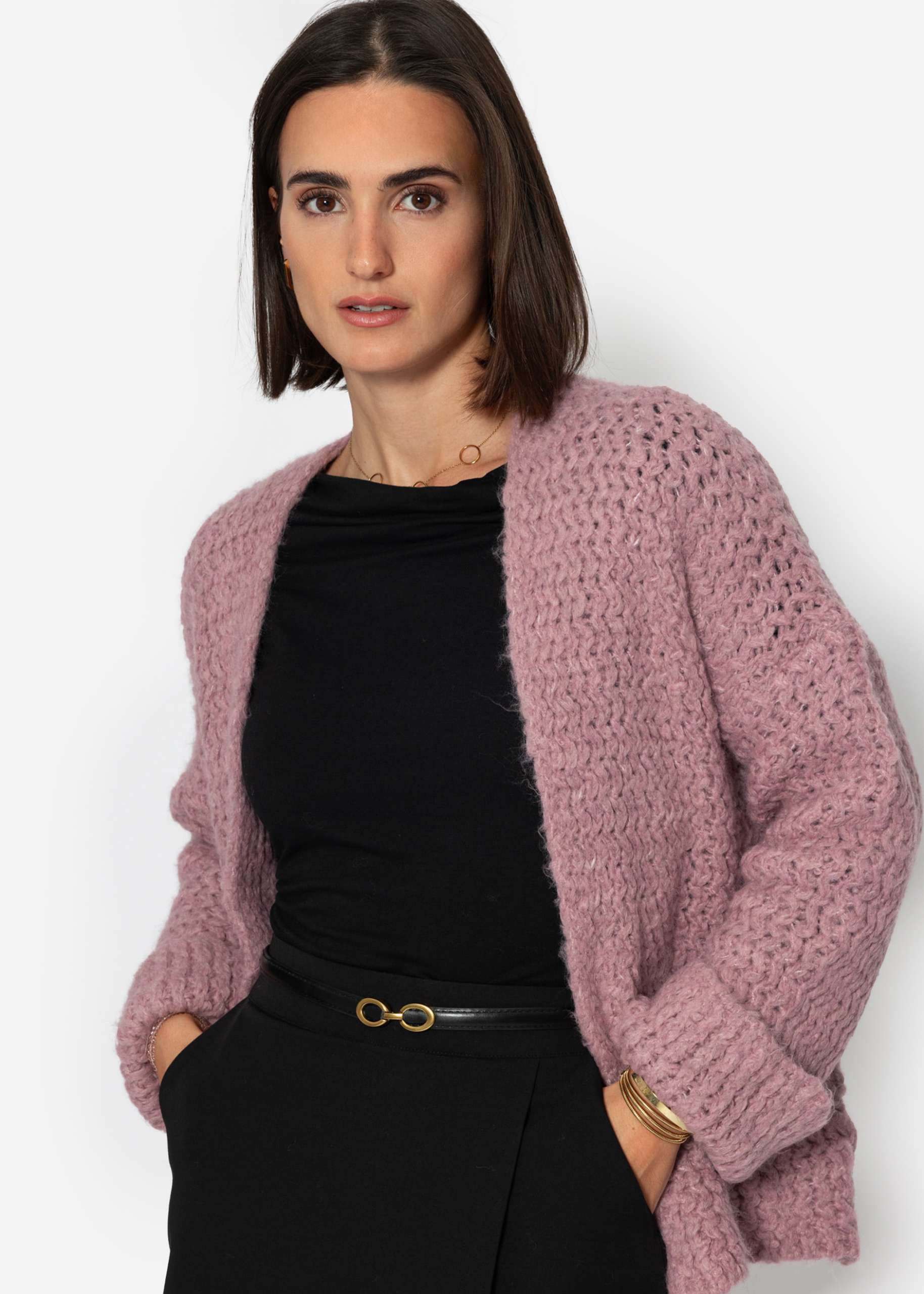 Grobstrick Cardigan mit Trompetenärmel - puderrosa