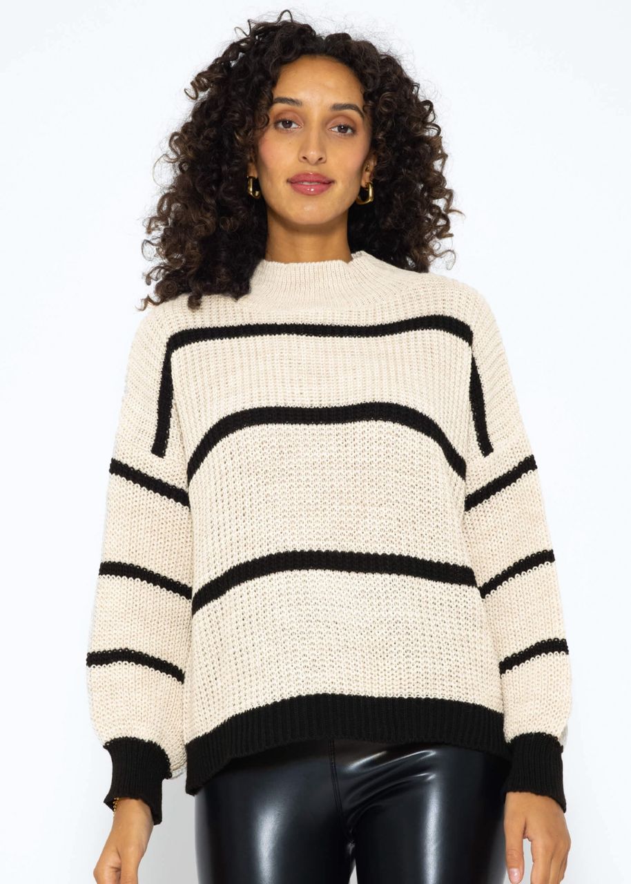 Gestreifter Turtleneck-Pullover - hellbeige-schwarz