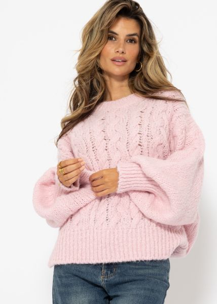 Super flauschiger Pullover mit Zopfmuster - rosa