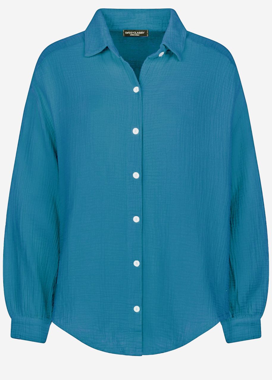 Musselin Bluse oversize, kurz, petrolblau