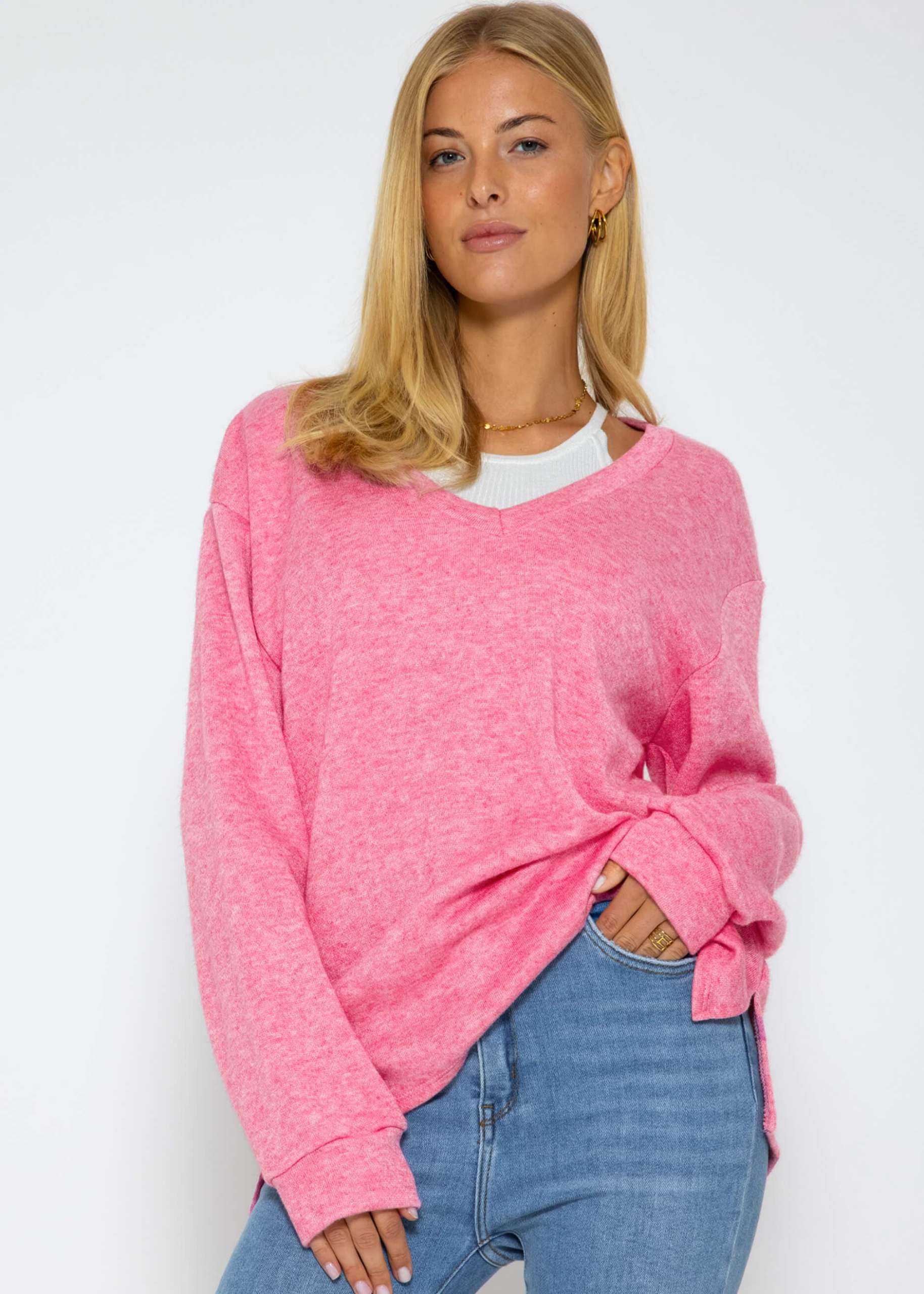 Oversize soft Sweater mit tiefem V-Ausschnitt - pink