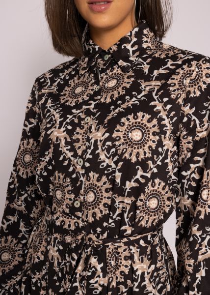 Hemdblusenkleid mit Print, schwarz/camel/offwhite