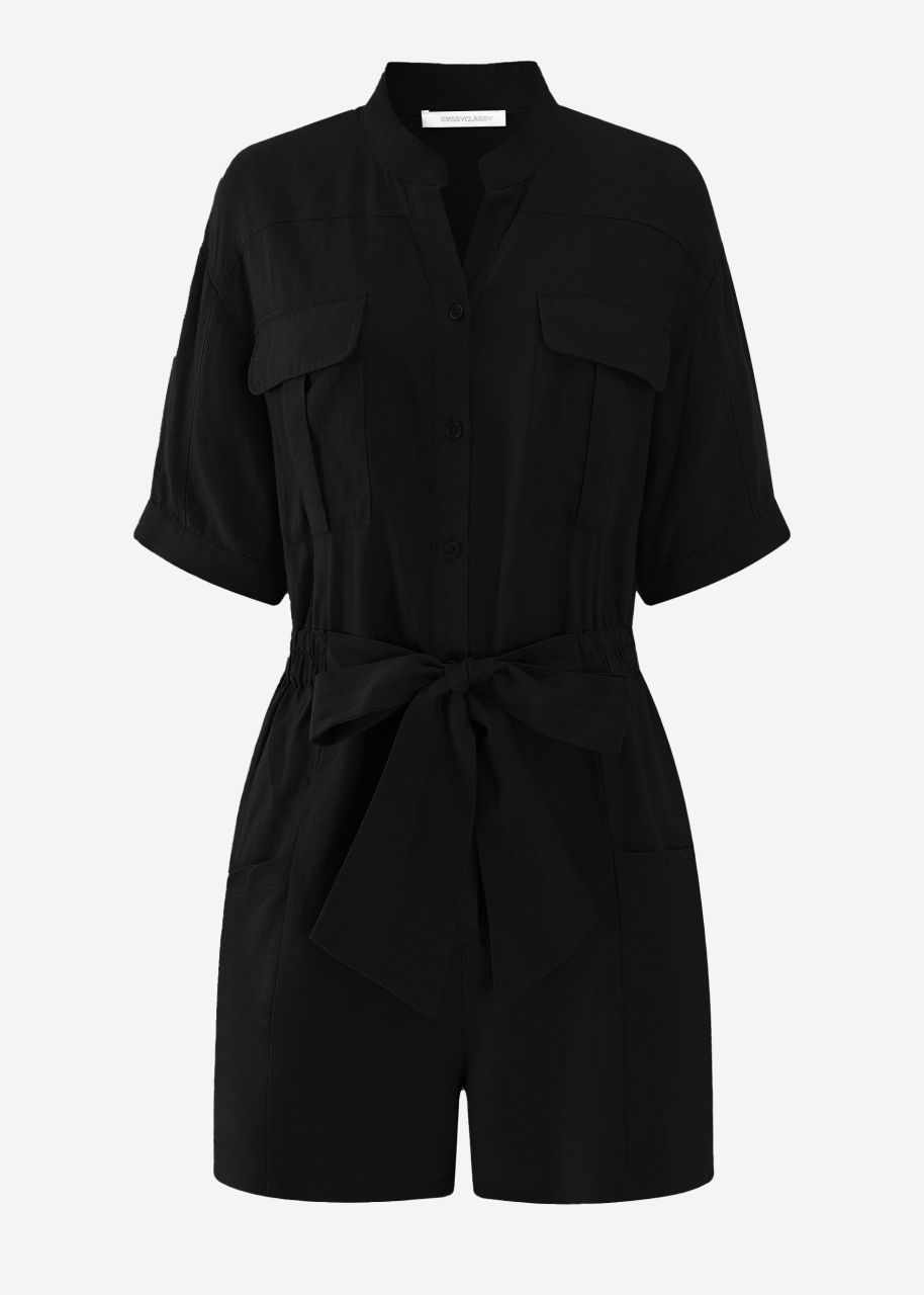 Leinenjumpsuit mit Bindegürtel - schwarz