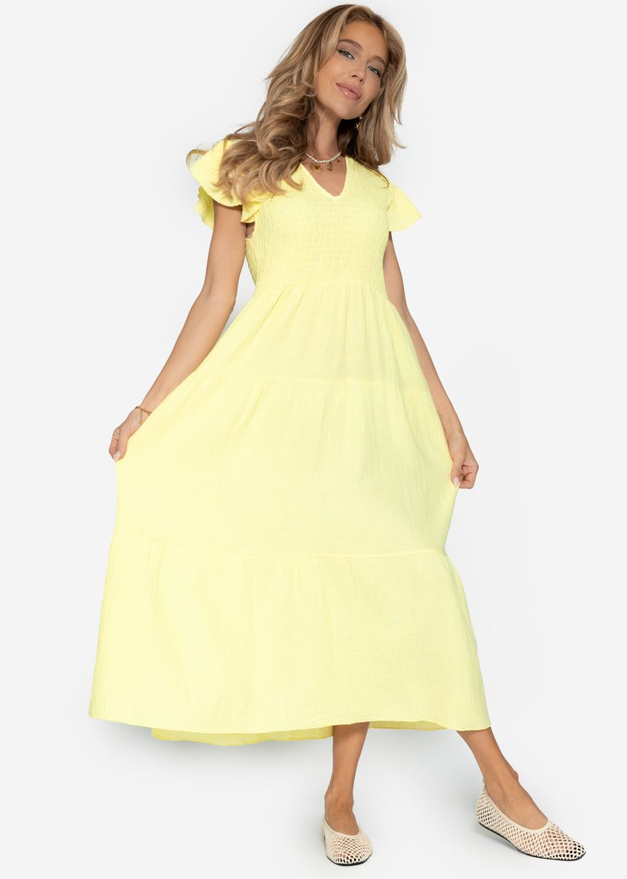 Maxi Musselin Kleid mit Volants und Flügelärmel - buttergelb