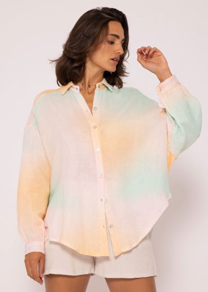Transparente Musselin Bluse oversize, kurz, apricot-grün-rosa