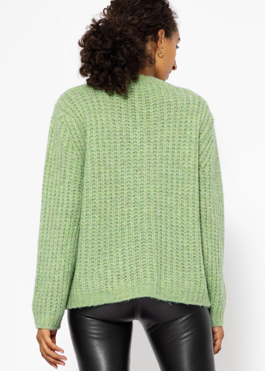 Oversize Grobstrick Pullover mit V-Ausschnitt - salbeigrün