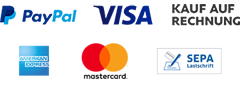 Paypal, Visa, Kauf auf Rechnung, American Express, Mastercard, SEPA Lastschrift 
